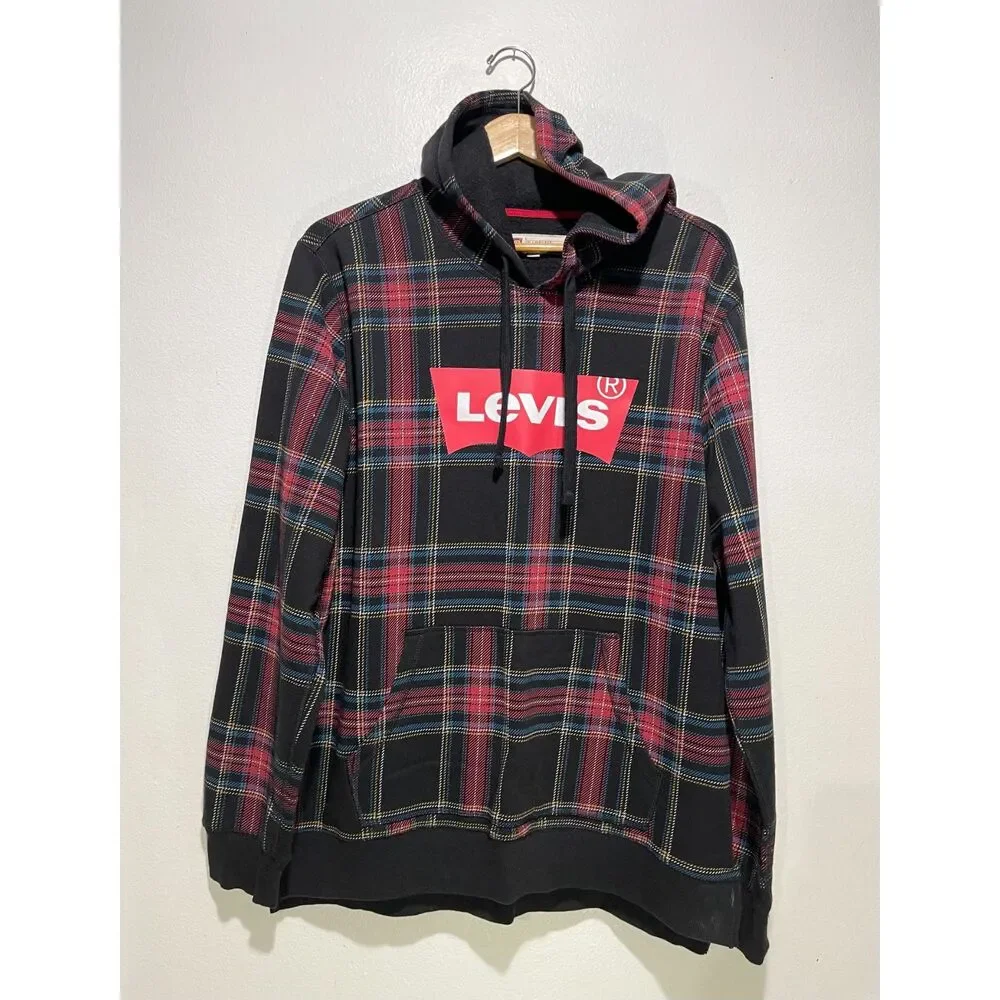 Levi's hooded sweatshirt big logo holidays plaid black red atleisure men's L